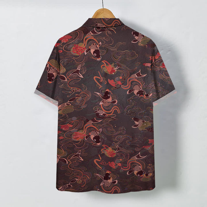 Buddha Stones Camicia da uomo a maniche corte traspirante con bottoni e motivo a onde e nuvole con pesci koi. - image 8