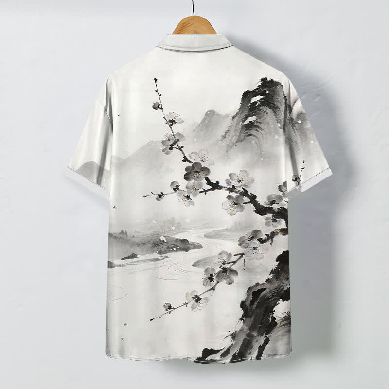 Buddha Stones Camicia da uomo a maniche corte con bottoni a fantasia floreale e fiori di prugno, resistente alle pieghe. - image 1