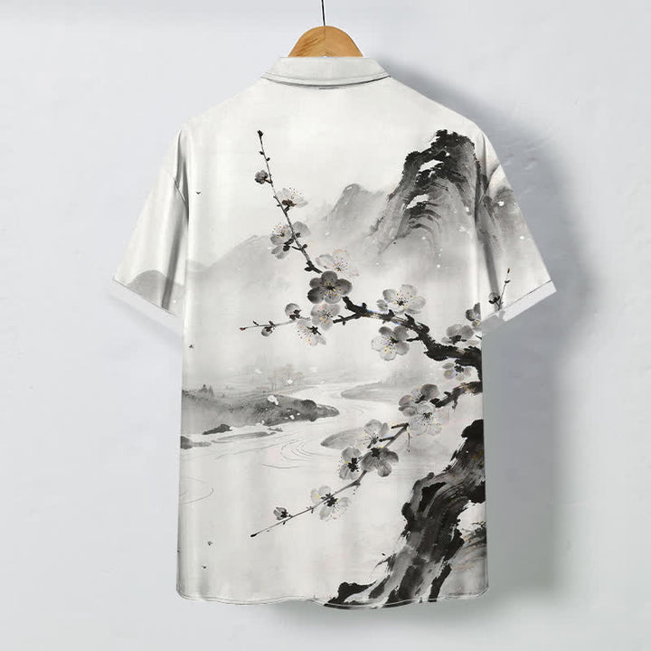 Buddha Stones Camicia da uomo a maniche corte con bottoni a fantasia floreale e fiori di prugno, resistente alle pieghe. - image 1