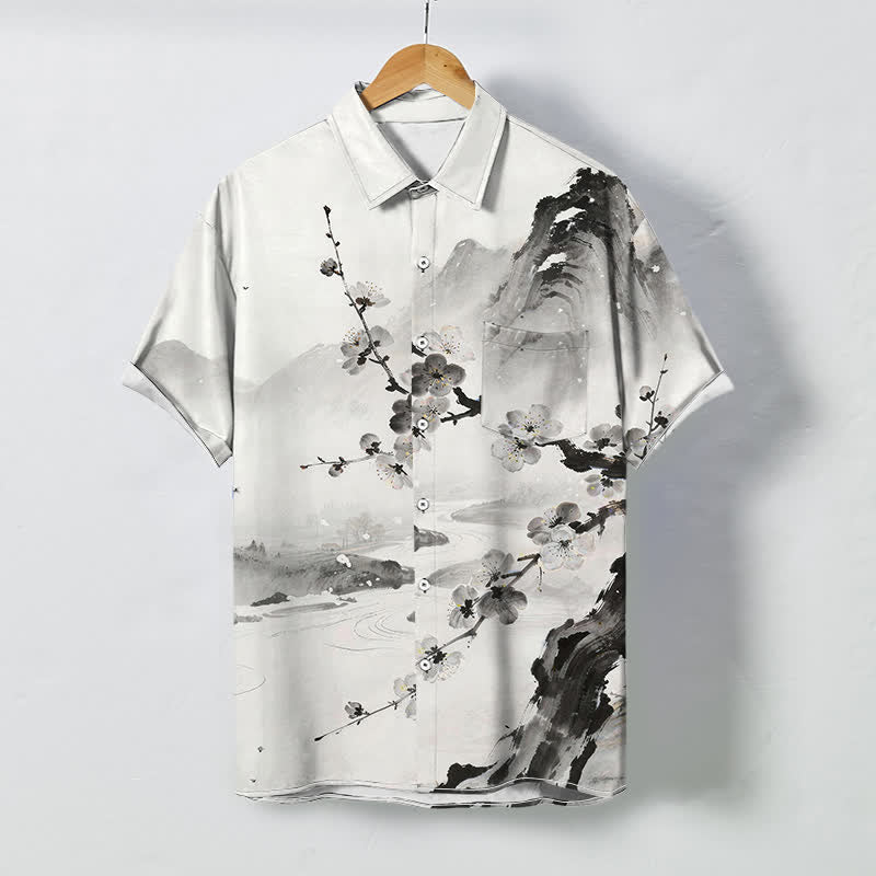 Buddha Stones Camicia da uomo a maniche corte con bottoni a fantasia floreale e fiori di prugno, resistente alle pieghe. - WhiteSmoke - US/UK/AU48, EU58 (4XL) - image 0
