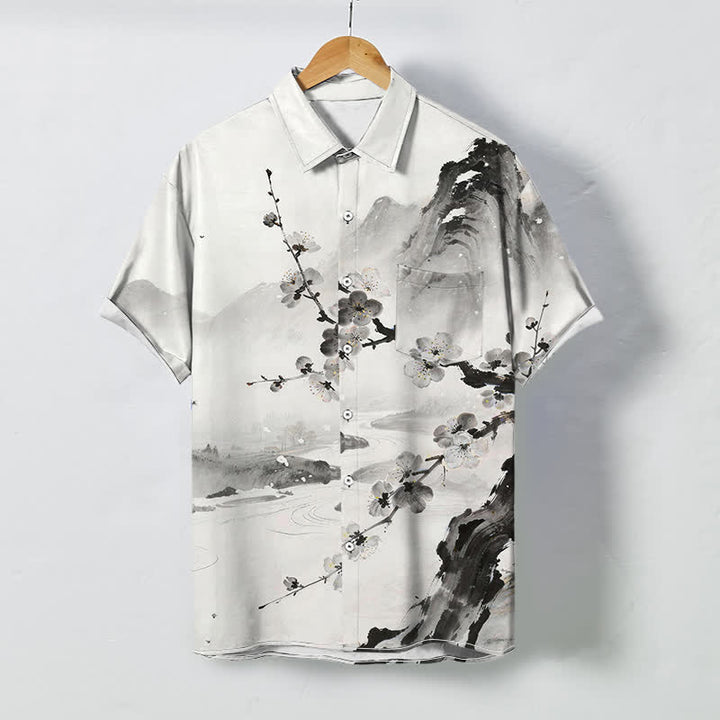 Buddha Stones Camicia da uomo a maniche corte con bottoni a fantasia floreale e fiori di prugno, resistente alle pieghe. - WhiteSmoke - US/UK/AU48, EU58 (4XL) - image 0
