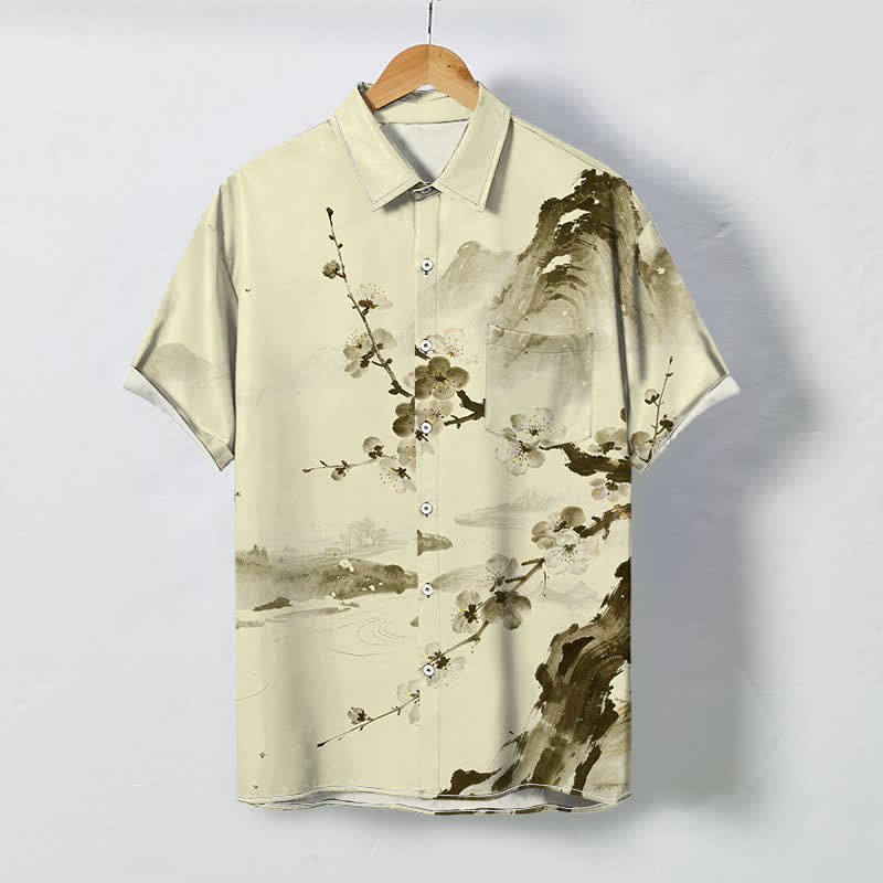 Buddha Stones Camicia da uomo a maniche corte con bottoni a fantasia floreale e fiori di prugno, resistente alle pieghe. - Seta di mais - US/UK/AU48, EU58 (4XL) - image 3