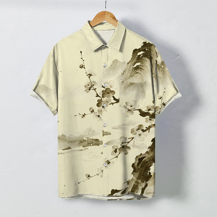 Buddha Stones Camicia da uomo a maniche corte con bottoni a fantasia floreale e fiori di prugno, resistente alle pieghe. - Seta di mais - US/UK/AU48, EU58 (4XL) - image 3
