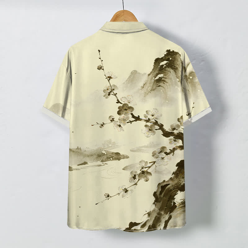 Buddha Stones Camicia da uomo a maniche corte con bottoni a fantasia floreale e fiori di prugno, resistente alle pieghe. - image 4