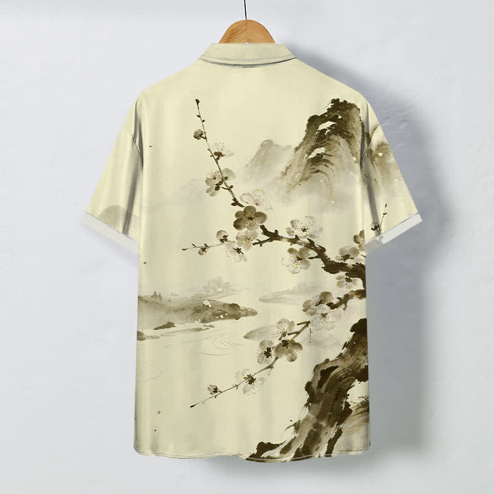 Buddha Stones Camicia da uomo a maniche corte con bottoni a fantasia floreale e fiori di prugno, resistente alle pieghe. - image 4