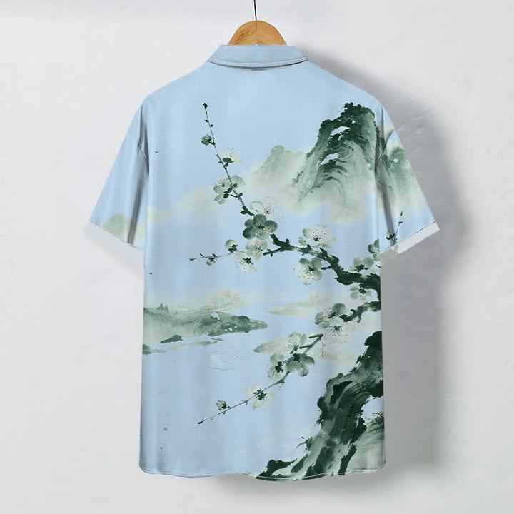 Buddha Stones Camicia da uomo a maniche corte con bottoni a fantasia floreale e fiori di prugno, resistente alle pieghe. - image 6
