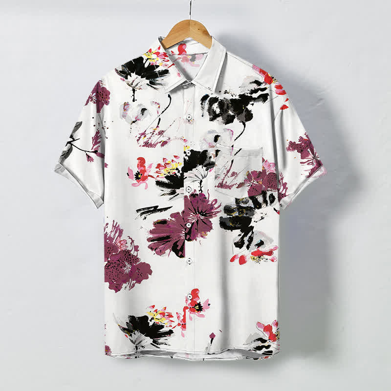Buddha Stones Camicia da uomo a maniche corte traspirante con bottoni e motivo floreale ad acquerello. - Bianco - US/UK/AU48, EU58 (4XL) - image 0