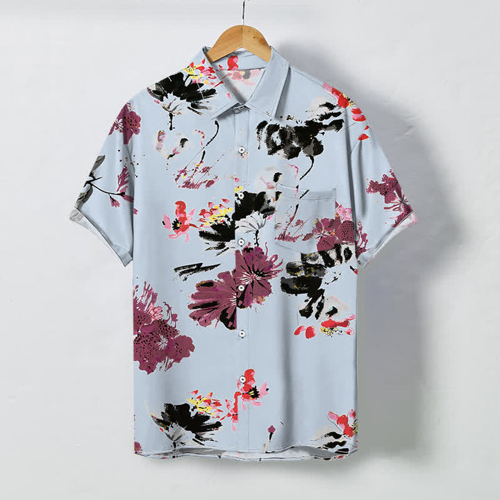 Buddha Stones Camicia da uomo a maniche corte traspirante con bottoni e motivo floreale ad acquerello. - Azzurro chiaro - US/UK/AU48, EU58 (4XL) - image 3