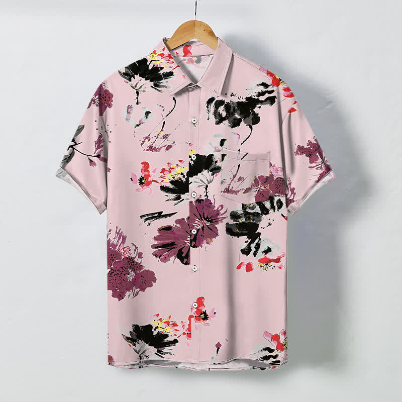 Buddha Stones Camicia da uomo a maniche corte traspirante con bottoni e motivo floreale ad acquerello. - Rosa chiaro - US/UK/AU48, EU58 (4XL) - image 5