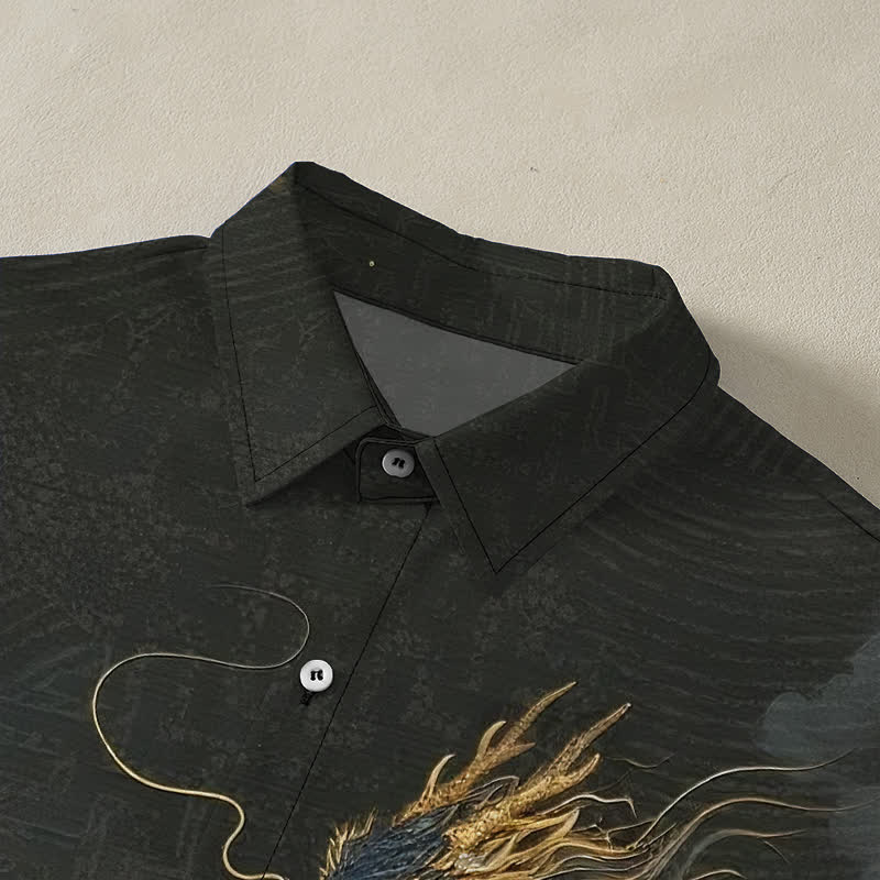 Buddha Stones Camicia da uomo a maniche corte con bottoni a fantasia drago dorato e nuvole, resistente alle pieghe. - image 2