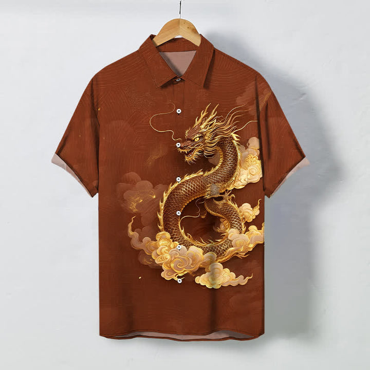 Buddha Stones Camicia da uomo a maniche corte con bottoni a fantasia drago dorato e nuvole, resistente alle pieghe. - Marrone sella - US/UK/AU48, EU58 (4XL) - image 5