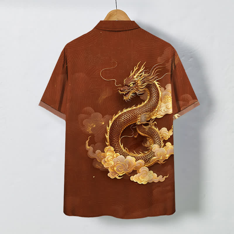 Buddha Stones Camicia da uomo a maniche corte con bottoni a fantasia drago dorato e nuvole, resistente alle pieghe. - image 6