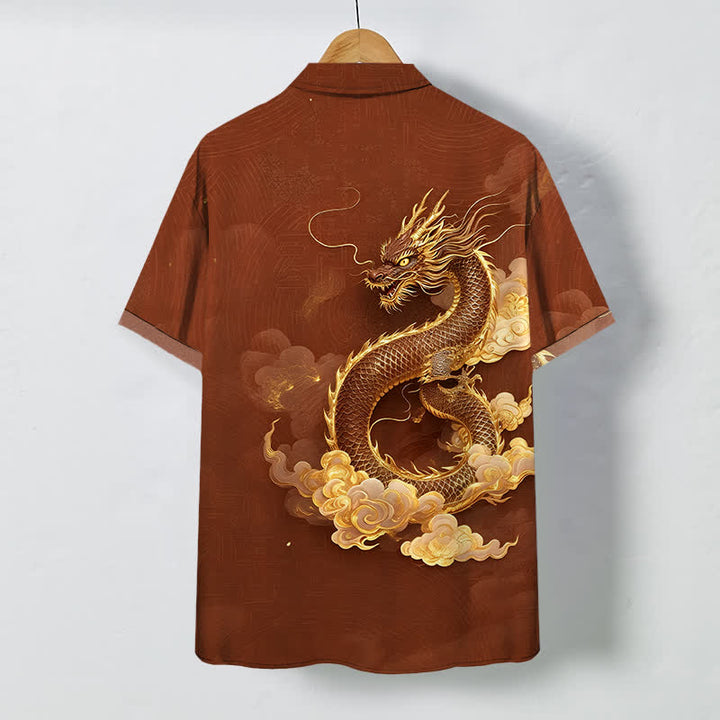 Buddha Stones Camicia da uomo a maniche corte con bottoni a fantasia drago dorato e nuvole, resistente alle pieghe. - image 6