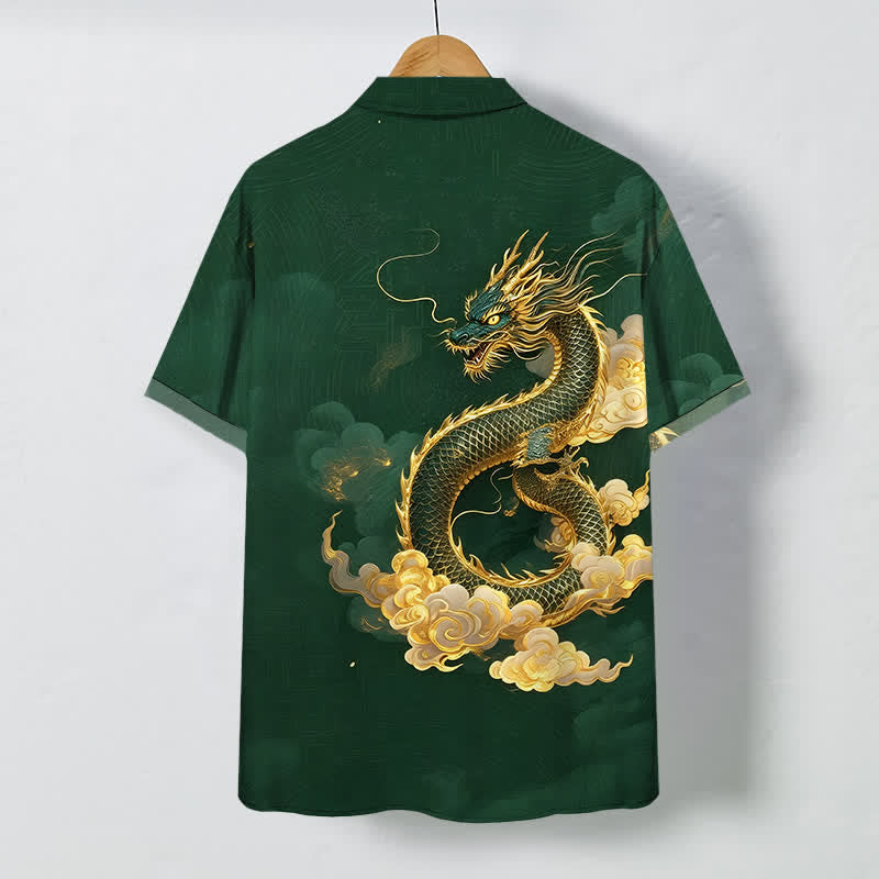 Buddha Stones Camicia da uomo a maniche corte con bottoni a fantasia drago dorato e nuvole, resistente alle pieghe. - image 8
