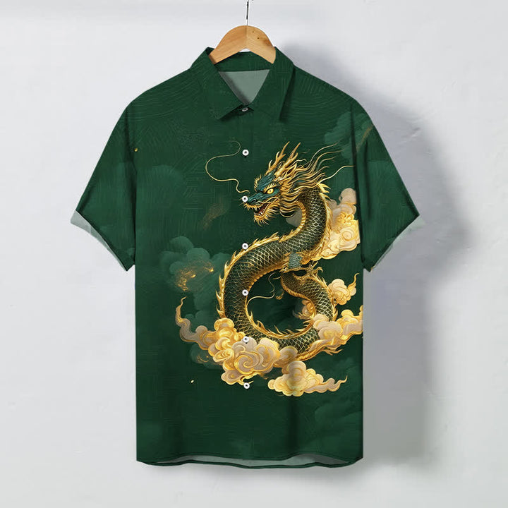 Buddha Stones Camicia da uomo a maniche corte con bottoni a fantasia drago dorato e nuvole, resistente alle pieghe. - Verde scuro - US/UK/AU48, EU58 (4XL) - image 7