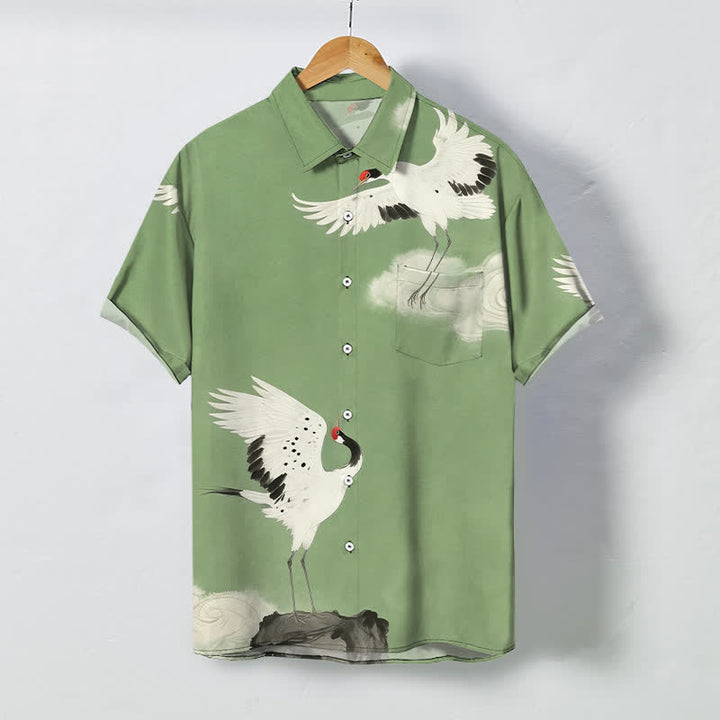 Buddha Stones Camicia da uomo a maniche corte con bottoni, motivo gru bianca volante e nuvole, resistente alle pieghe. - Verde chiaro - US/UK/AU48, EU58 (4XL) - image 5