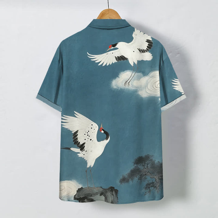 Buddha Stones Camicia da uomo a maniche corte con bottoni, motivo gru bianca volante e nuvole, resistente alle pieghe. - image 8
