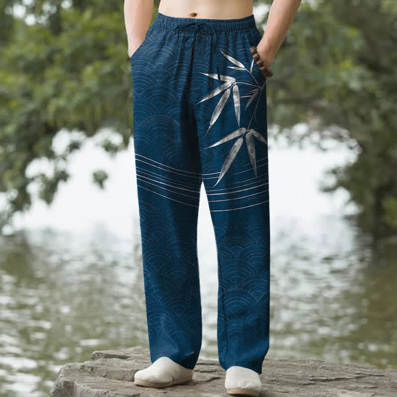 Buddha Stones Pantaloni da uomo affusolati in cotone con motivo a foglie di bambù e tasche. - image 4