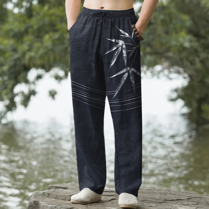 Buddha Stones Pantaloni da uomo affusolati in cotone con motivo a foglie di bambù e tasche. - Nero - US/UK/AU50, EU60 (5XL) - image 8