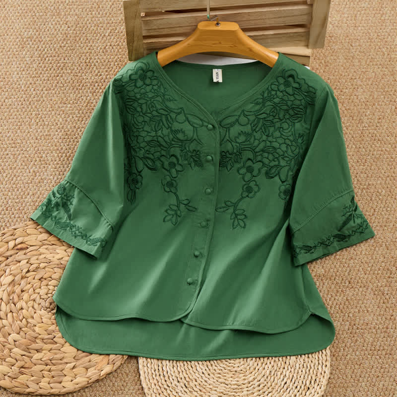 Buddha Stones Camicie estive vintage da donna con scollo a V, bottoni e stampa floreale, maniche a tre quarti. - Verde studentesco - US8-10, UK/AU12-14, EU40-42 (2XL) - image 0