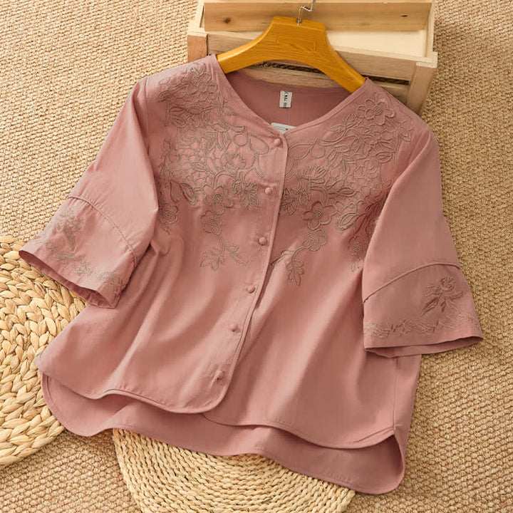 Buddha Stones Camicie estive vintage da donna con scollo a V, bottoni e stampa floreale, maniche a tre quarti. - Salmone scuro - US8-10, UK/AU12-14, EU40-42 (2XL) - image 7