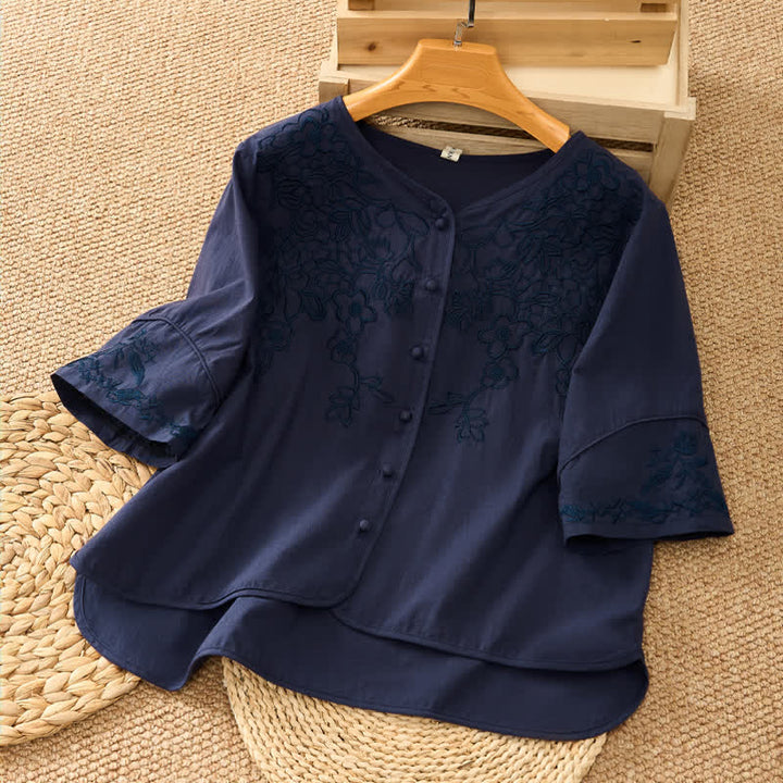 Buddha Stones Camicie estive vintage da donna con scollo a V, bottoni e stampa floreale, maniche a tre quarti. - Blu notte - US8-10, UK/AU12-14, EU40-42 (2XL) - image 14