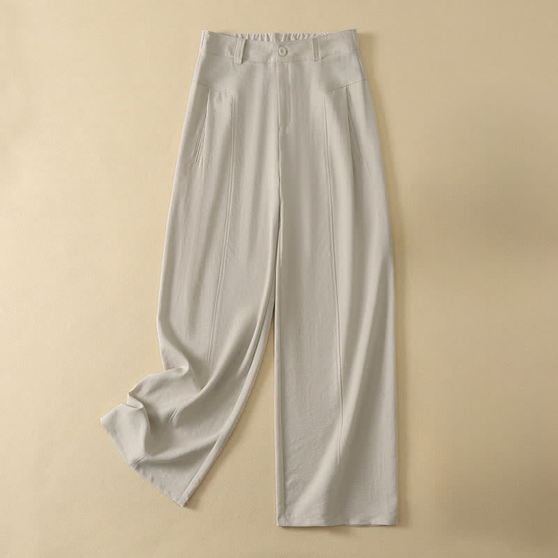 Buddha Stones Pantaloni lunghi da donna in cotone tinta unita, minimalisti, eleganti, con bottoni e cerniera, per primavera/estate, a gamba dritta e con tasca. - Beige - US12, UK/AU16, EU44 (2XL) - image 8
