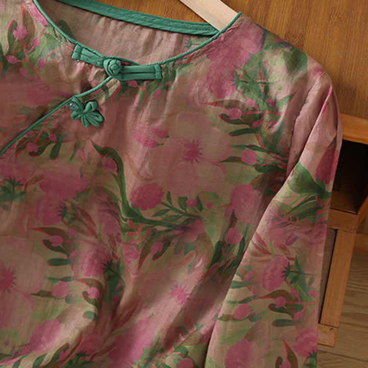 Buddha Stones Camicia da donna estiva stile Tang con colletto alla coreana, bottoni a rana e stampa floreale, maniche a tre quarti. - image 4