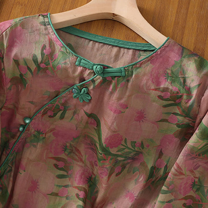 Buddha Stones Camicia da donna estiva stile Tang con colletto alla coreana, bottoni a rana e stampa floreale, maniche a tre quarti. - image 2