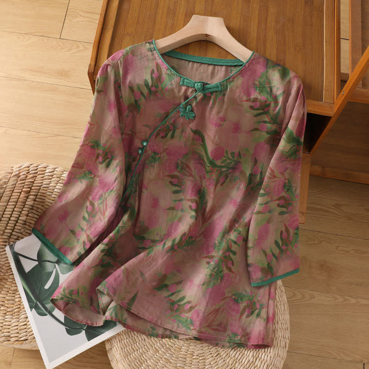 Buddha Stones Camicia da donna estiva stile Tang con colletto alla coreana, bottoni a rana e stampa floreale, maniche a tre quarti. - Rosso viola pallido - US8-10, UK/AU12-14, EU40-42 (2XL) - image 0