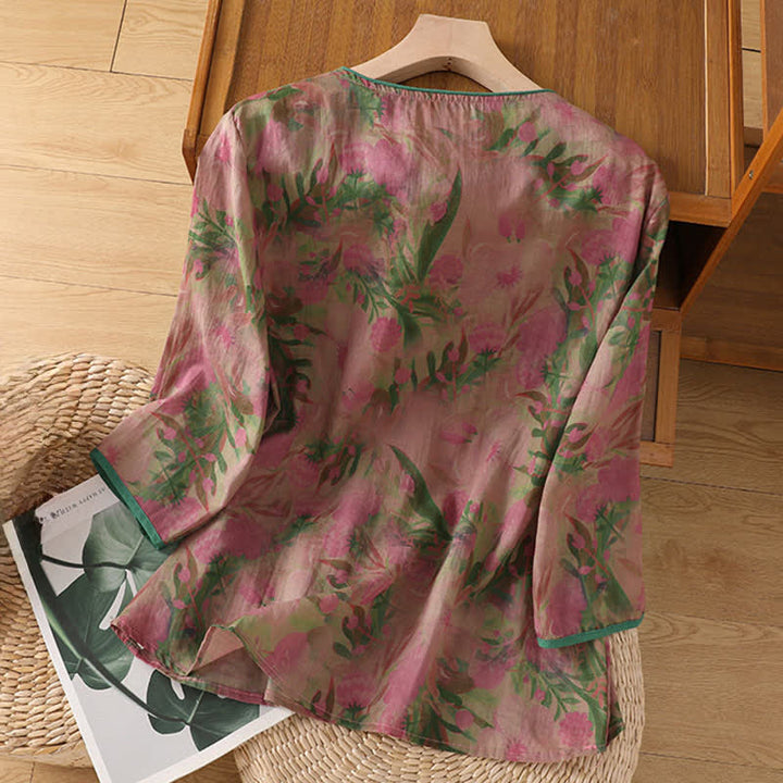 Buddha Stones Camicia da donna estiva stile Tang con colletto alla coreana, bottoni a rana e stampa floreale, maniche a tre quarti. - image 1