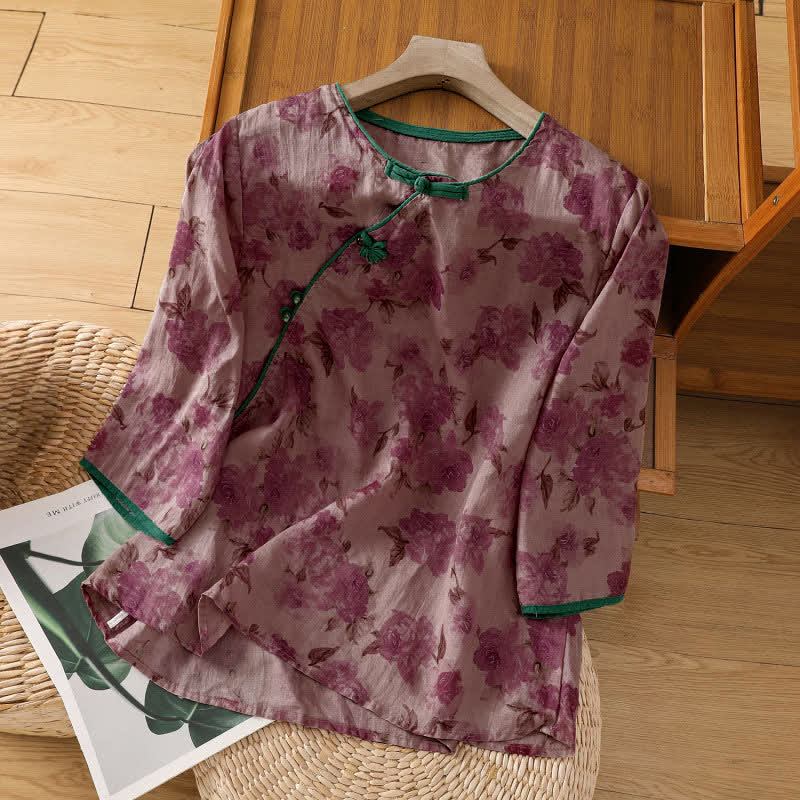Buddha Stones Camicia da donna estiva stile Tang con colletto alla coreana, bottoni a rana e stampa floreale, maniche a tre quarti. - RossoViola Medio - US8-10, UK/AU12-14, EU40-42 (2XL) - image 7