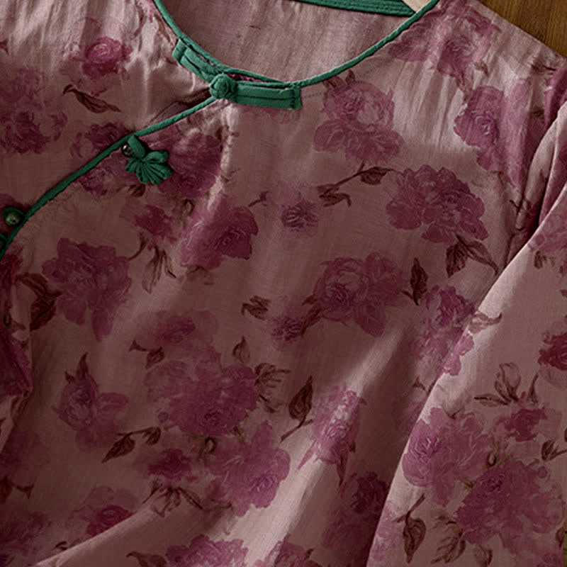 Buddha Stones Camicia da donna estiva stile Tang con colletto alla coreana, bottoni a rana e stampa floreale, maniche a tre quarti. - image 12