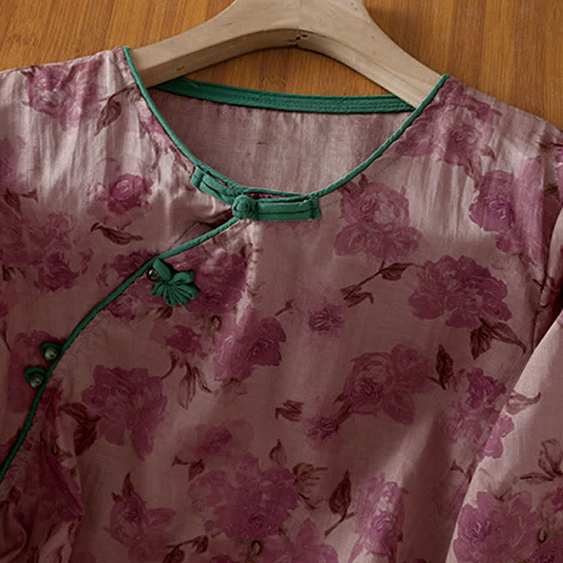 Buddha Stones Camicia da donna estiva stile Tang con colletto alla coreana, bottoni a rana e stampa floreale, maniche a tre quarti. - image 9