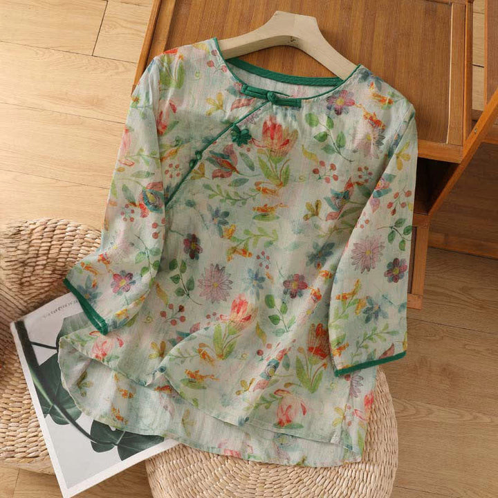 Buddha Stones Camicia da donna estiva stile Tang con colletto alla coreana, bottoni a rana e stampa floreale, maniche a tre quarti. - Melata - US8-10, UK/AU12-14, EU40-42 (2XL) - image 15