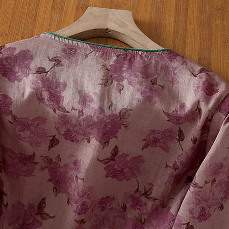 Buddha Stones Camicia da donna estiva stile Tang con colletto alla coreana, bottoni a rana e stampa floreale, maniche a tre quarti. - image 10