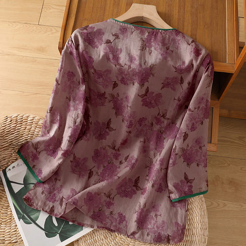 Buddha Stones Camicia da donna estiva stile Tang con colletto alla coreana, bottoni a rana e stampa floreale, maniche a tre quarti. - image 8