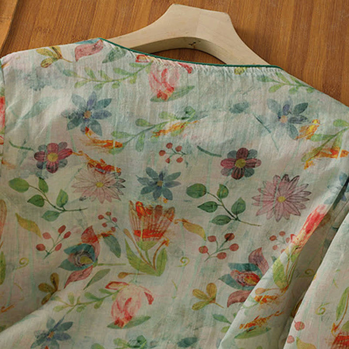 Buddha Stones Camicia da donna estiva stile Tang con colletto alla coreana, bottoni a rana e stampa floreale, maniche a tre quarti. - image 18