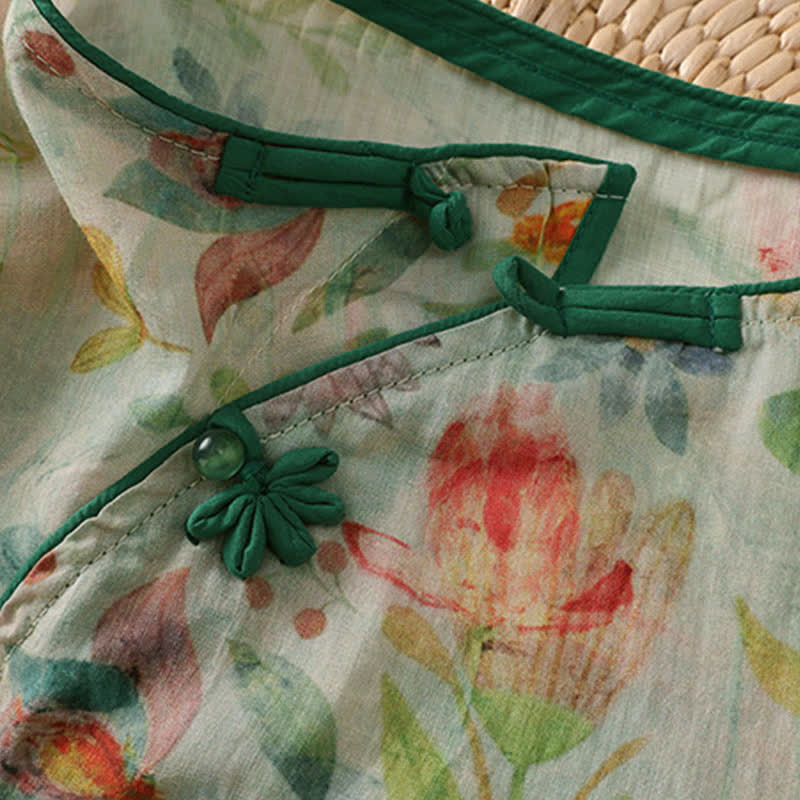 Buddha Stones Camicia da donna estiva stile Tang con colletto alla coreana, bottoni a rana e stampa floreale, maniche a tre quarti. - image 20