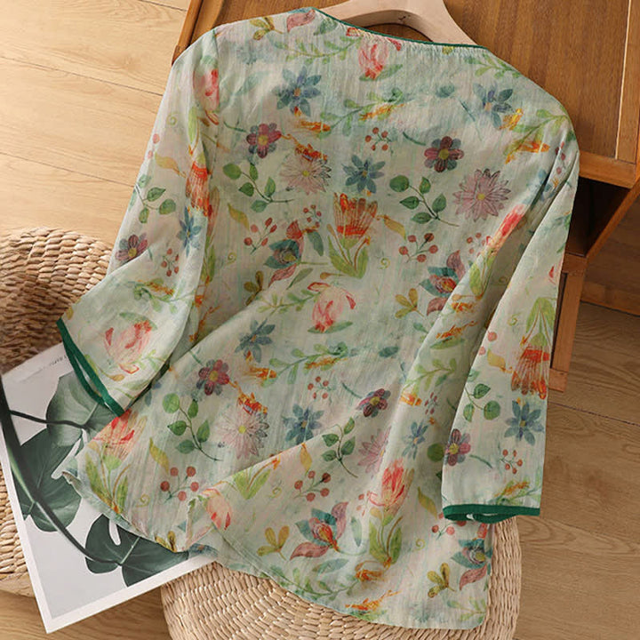 Buddha Stones Camicia da donna estiva stile Tang con colletto alla coreana, bottoni a rana e stampa floreale, maniche a tre quarti. - image 16