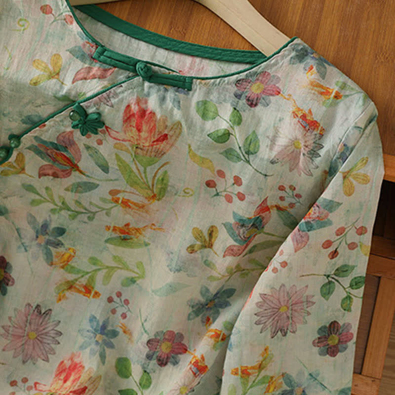 Buddha Stones Camicia da donna estiva stile Tang con colletto alla coreana, bottoni a rana e stampa floreale, maniche a tre quarti. - image 19