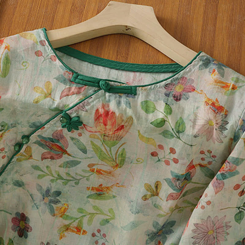 Buddha Stones Camicia da donna estiva stile Tang con colletto alla coreana, bottoni a rana e stampa floreale, maniche a tre quarti. - image 17