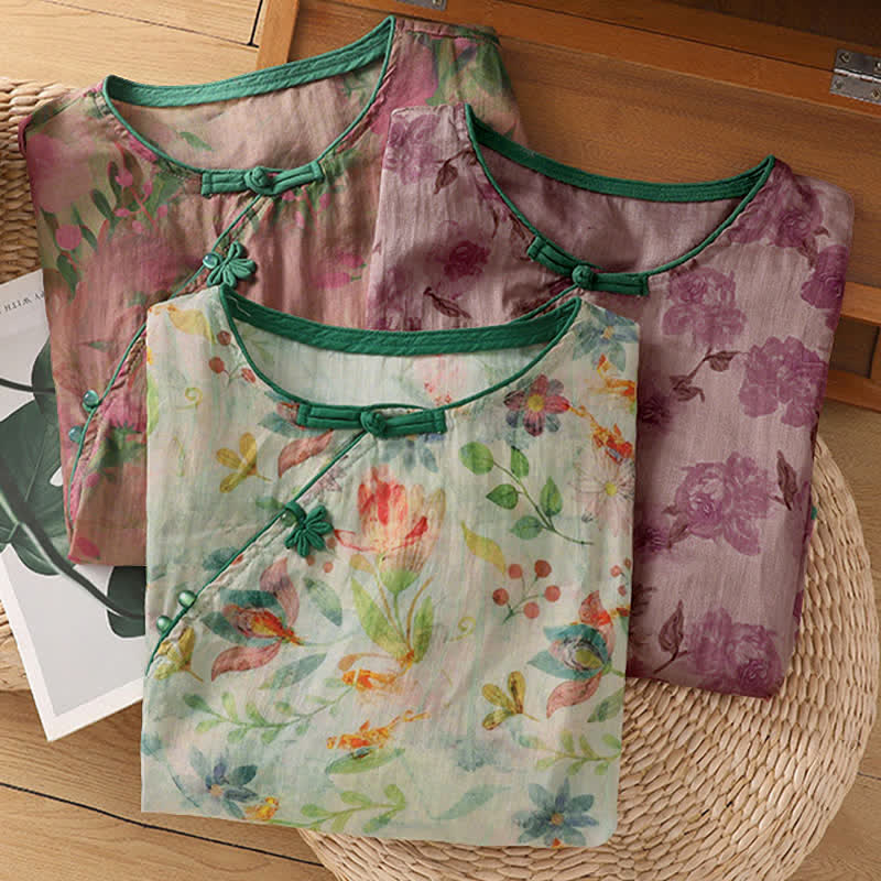 Buddha Stones Camicia da donna estiva stile Tang con colletto alla coreana, bottoni a rana e stampa floreale, maniche a tre quarti. - image 24