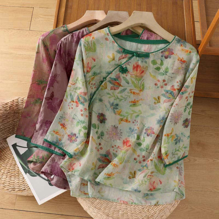 Buddha Stones Camicia da donna estiva stile Tang con colletto alla coreana, bottoni a rana e stampa floreale, maniche a tre quarti. - image 23