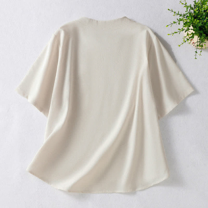 Buddha Stones Camicia da donna a maniche corte, tinta unita, stile Summer Tang, con bottoni a forma di rana e ricami a motivo di viticci. - image 1