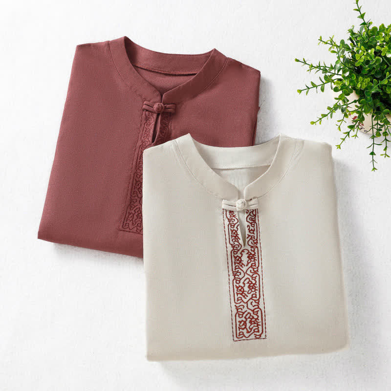Buddha Stones Camicia da donna a maniche corte, tinta unita, stile Summer Tang, con bottoni a forma di rana e ricami a motivo di viticci. - image 17