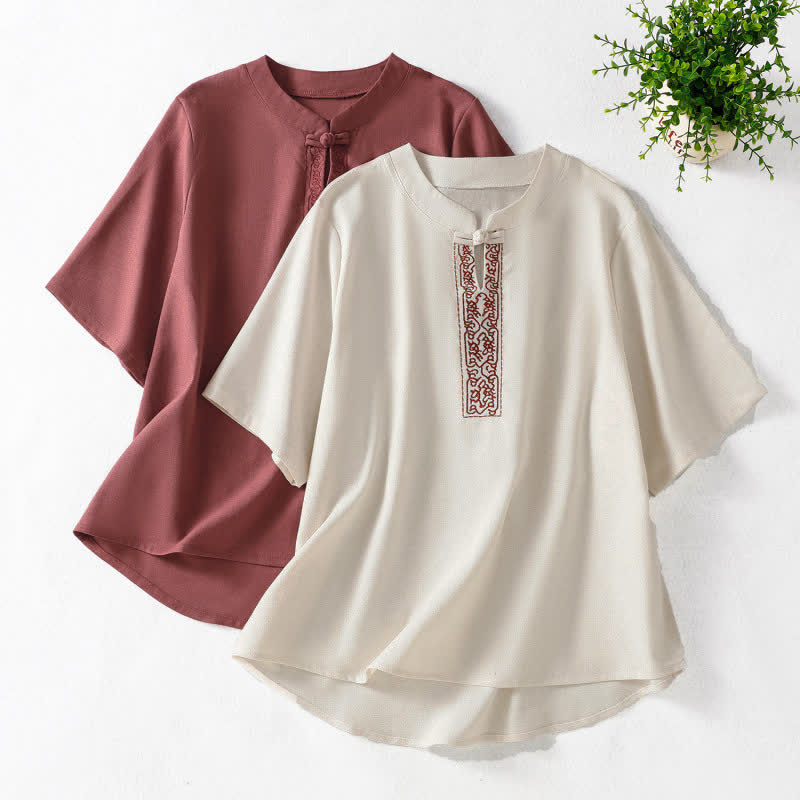 Buddha Stones Camicia da donna a maniche corte, tinta unita, stile Summer Tang, con bottoni a forma di rana e ricami a motivo di viticci. - image 16