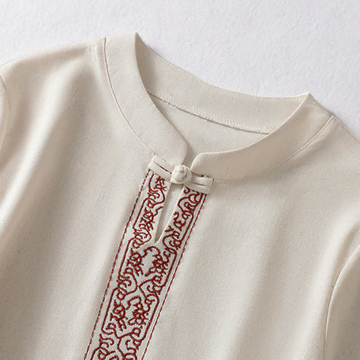 Buddha Stones Camicia da donna a maniche corte, tinta unita, stile Summer Tang, con bottoni a forma di rana e ricami a motivo di viticci. - image 2