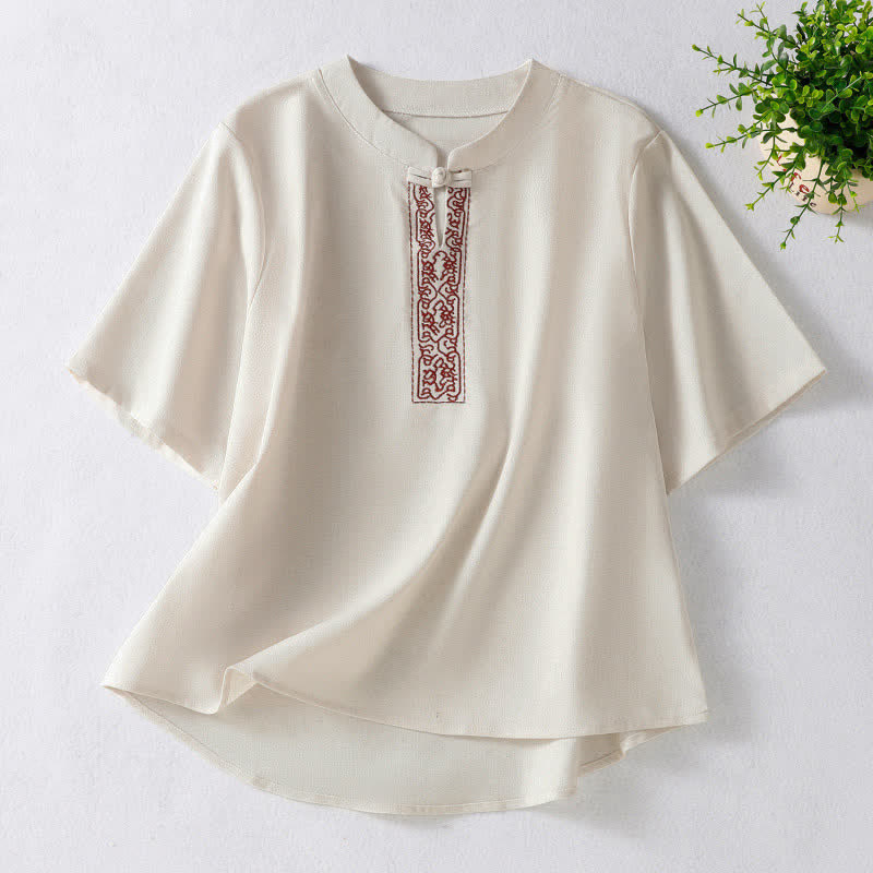 Buddha Stones Camicia da donna a maniche corte, tinta unita, stile Summer Tang, con bottoni a forma di rana e ricami a motivo di viticci. - Biancheria - US8-10, UK/AU12-14, EU40-42 (2XL) - image 0