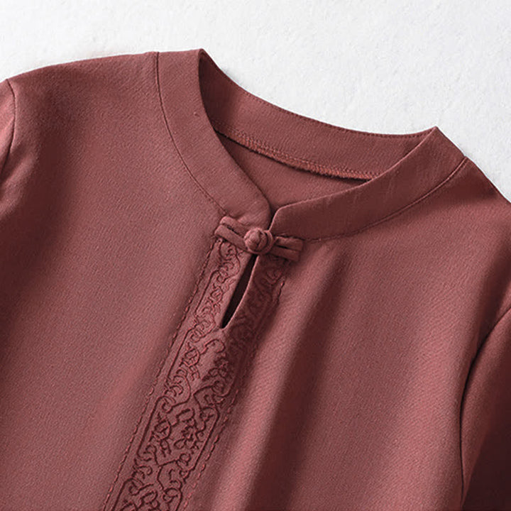 Buddha Stones Camicia da donna a maniche corte, tinta unita, stile Summer Tang, con bottoni a forma di rana e ricami a motivo di viticci. - image 11